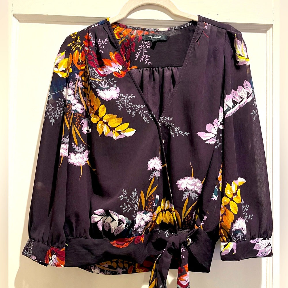 Gorgeous deep purple silk floral wrap top, Madewell, XS